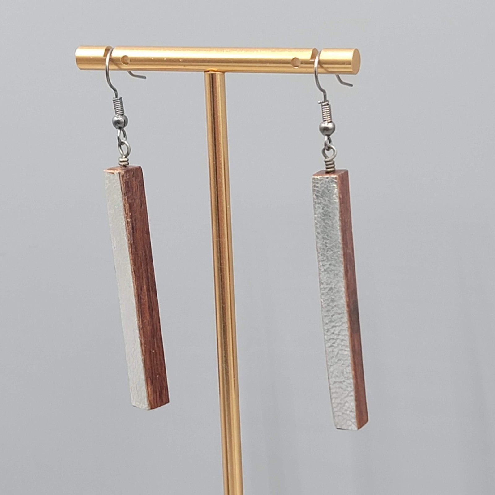 Long Wood Pierced Earrings Silver tone Dangle  2.25"