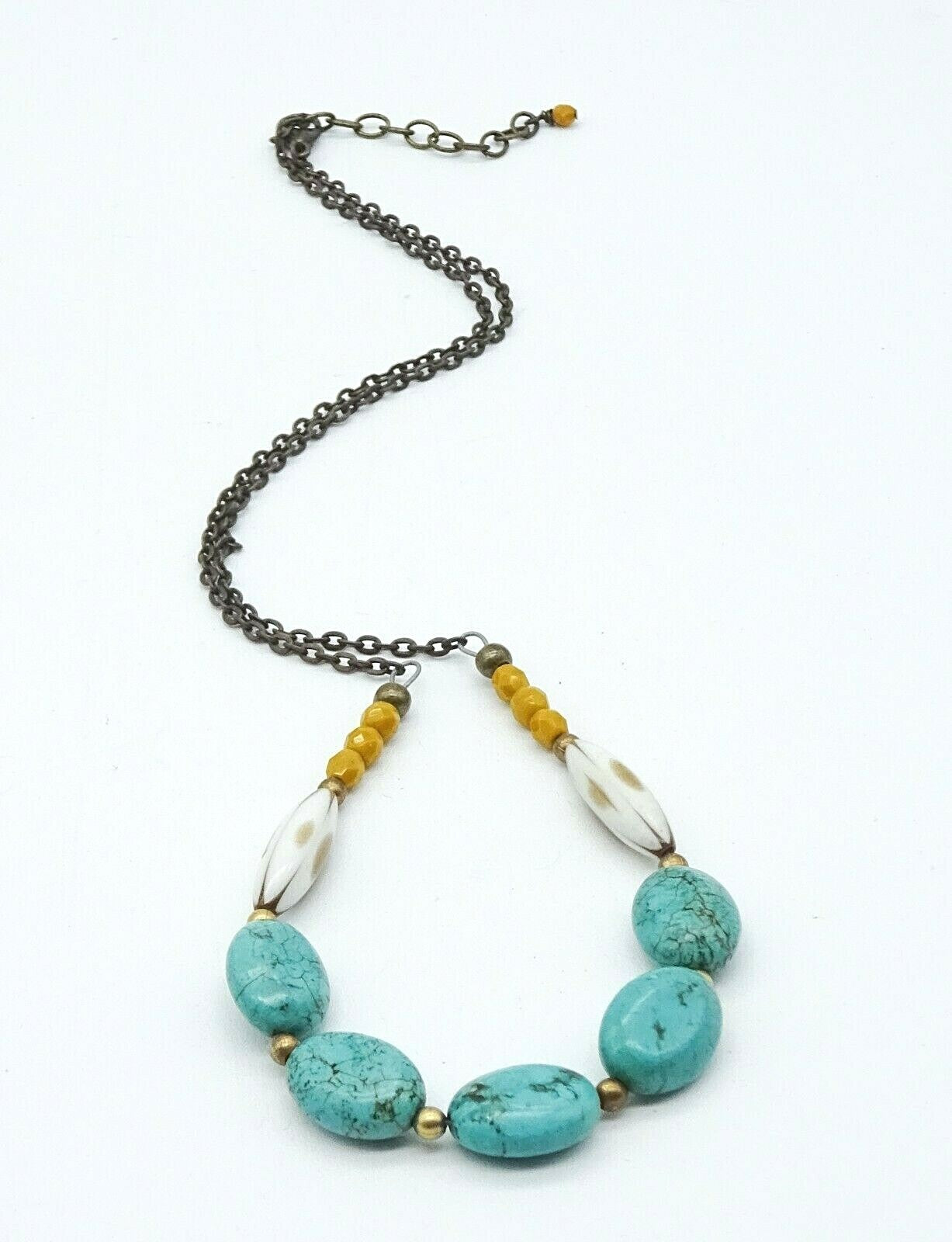 Boho Turquoise Stone Beaded Necklace Bronze tone Chain 20"