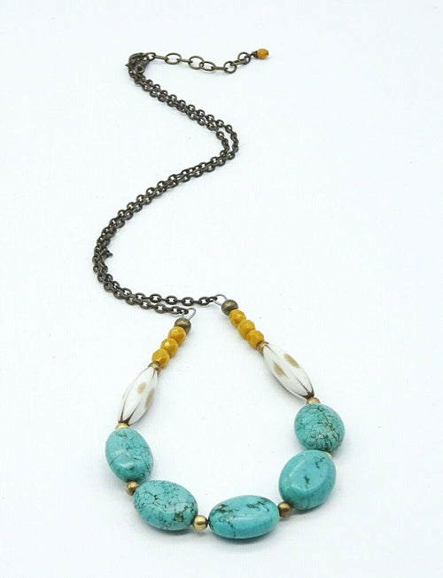 Boho Turquoise Stone Beaded Necklace Bronze tone Chain 20"