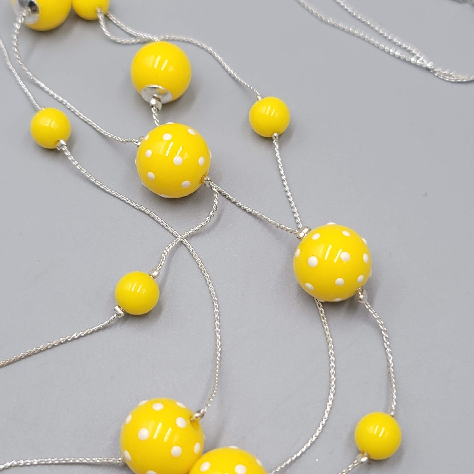 Yellow Bead Long Necklace Silver tone White Polka Dots 30" Double Strand Station