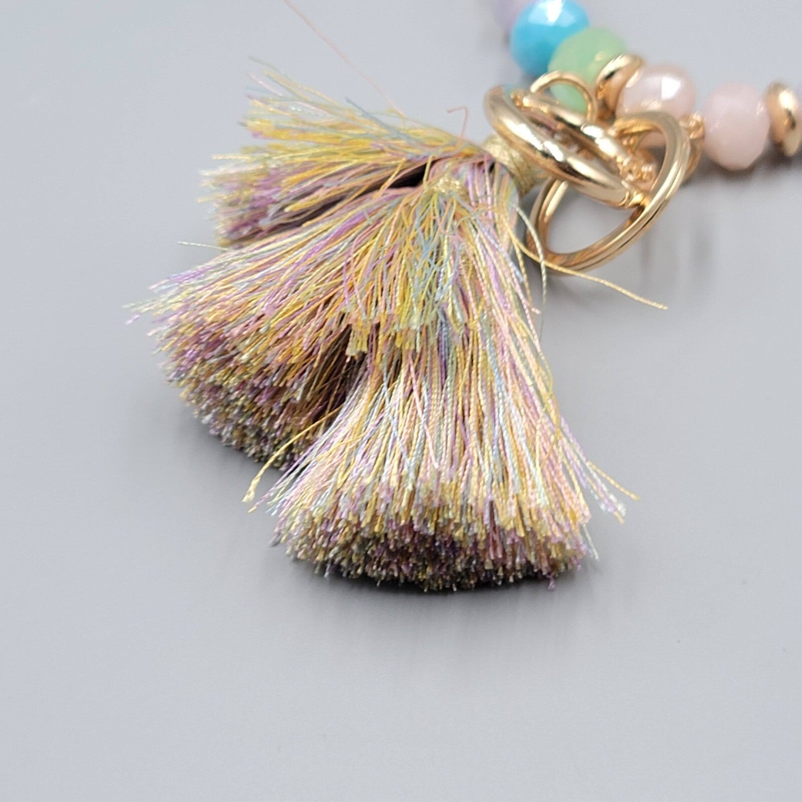 Pastel Color Faceted Glass Bead Bangle Bracelet Wristlet Key Rings Keychain