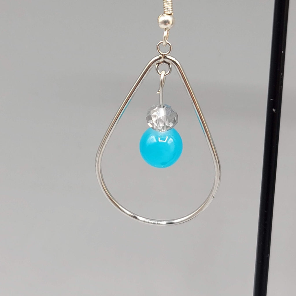 Pierced Earrings Silver tone Teardrop Hoops Blue Bead Dangle 1.5"