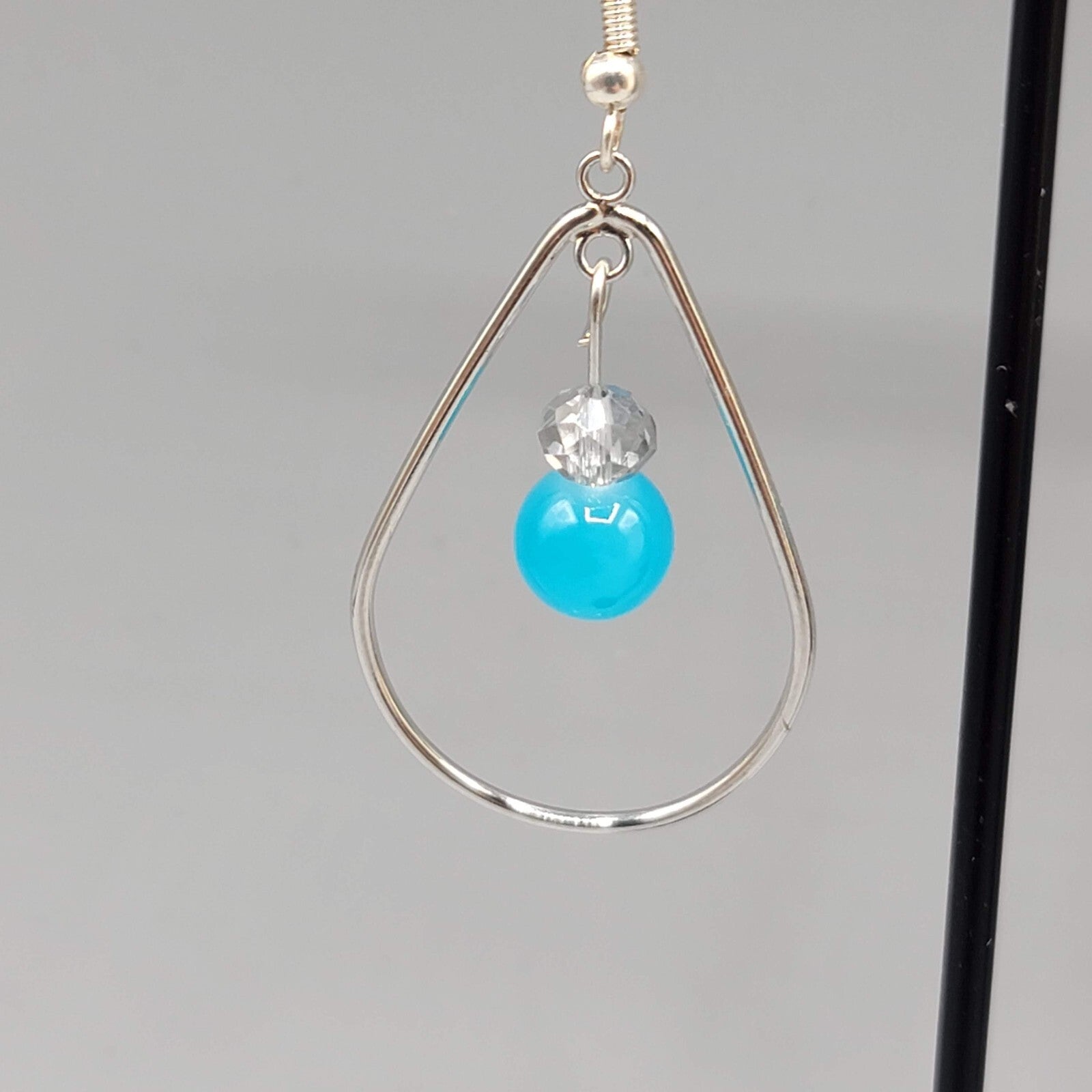 Pierced Earrings Silver tone Teardrop Hoops Blue Bead Dangle 1.5"