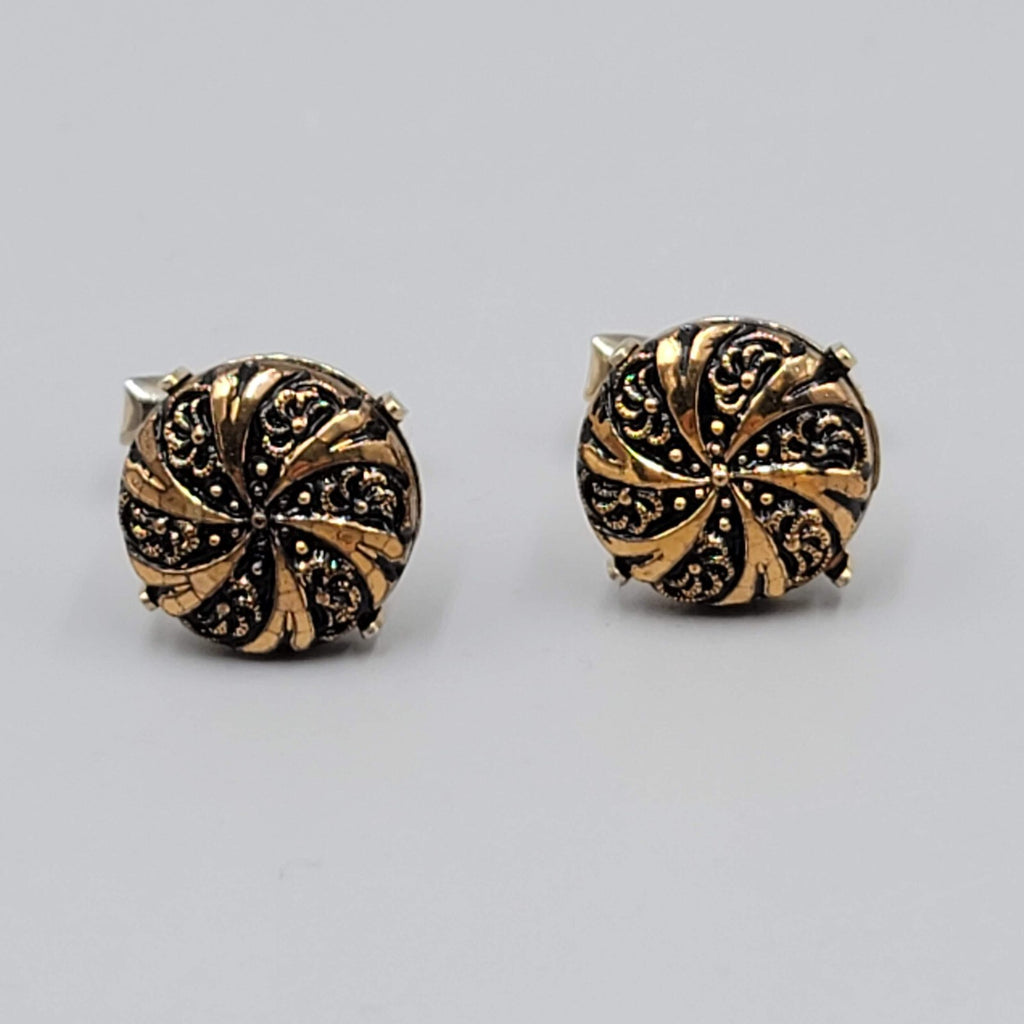 Vintage Gold tone  Mens Cufflinks Black Design Swirl Round Mens Jewelry 3/4"
