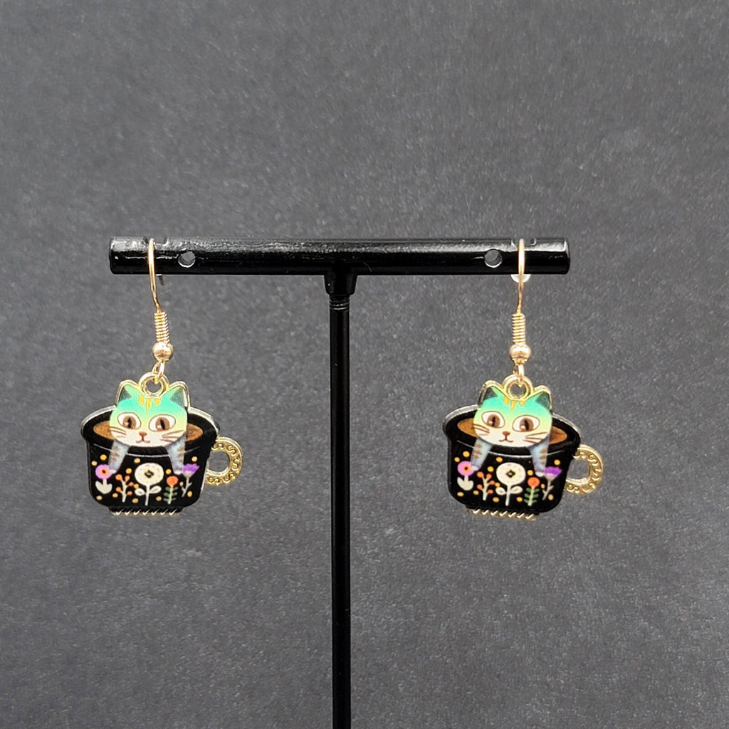 Pierced Earrings Gold tone Enamel Kitty Cat in Tea cup Dangle 3/4"