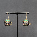 Pierced Earrings Gold tone Enamel Kitty Cat in Tea cup Dangle 3/4"