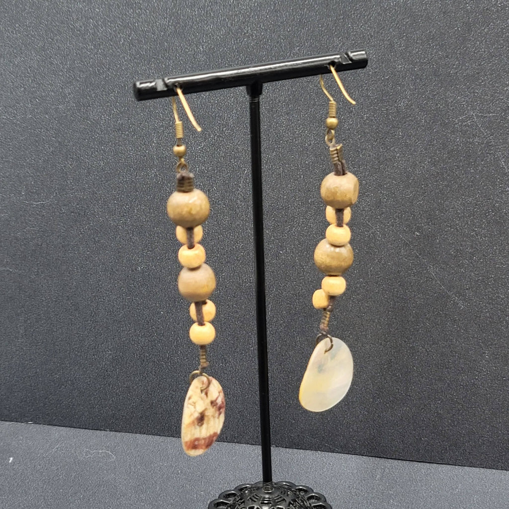 Boho Pierced Earrings Brown Cord Wooden Bead Shell Dangle 3"