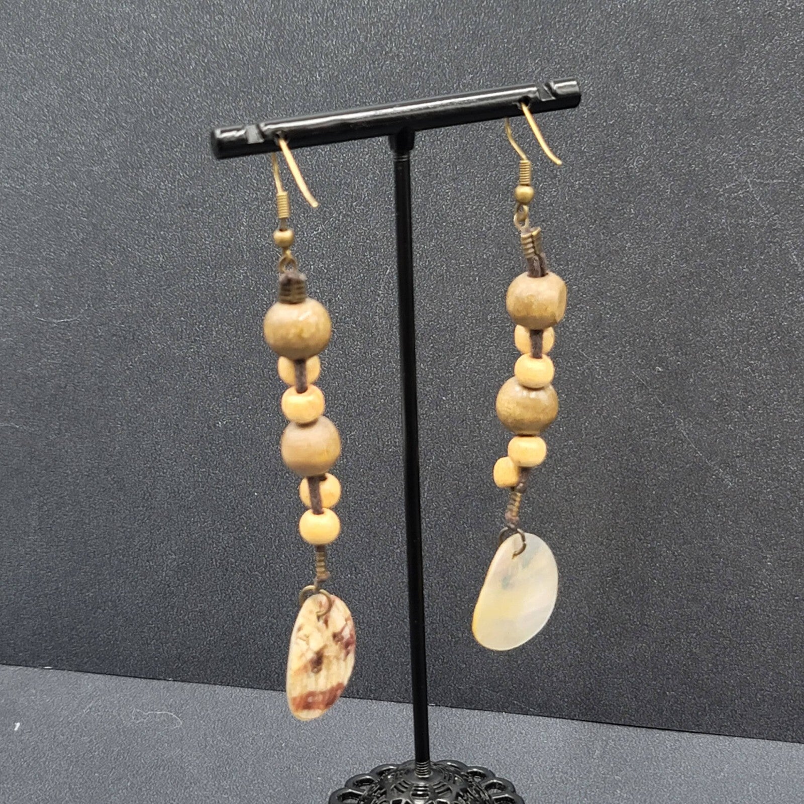 Boho Pierced Earrings Brown Cord Wooden Bead Shell Dangle 3"
