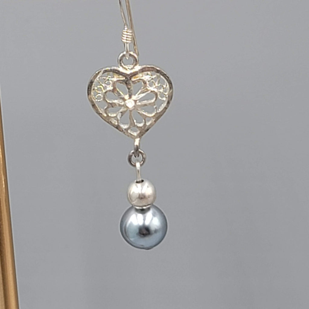 Sterling Silver Pierced Earrings Gray Bead Dangle 1.25" 925