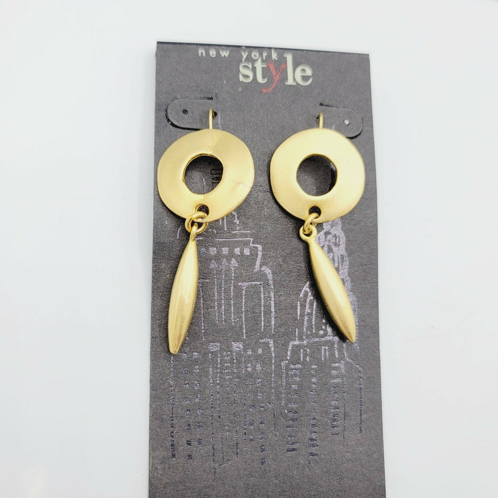 Vintage New York Style Brushed Gold tone Long Dangle Pierced Earrings 2" NWT