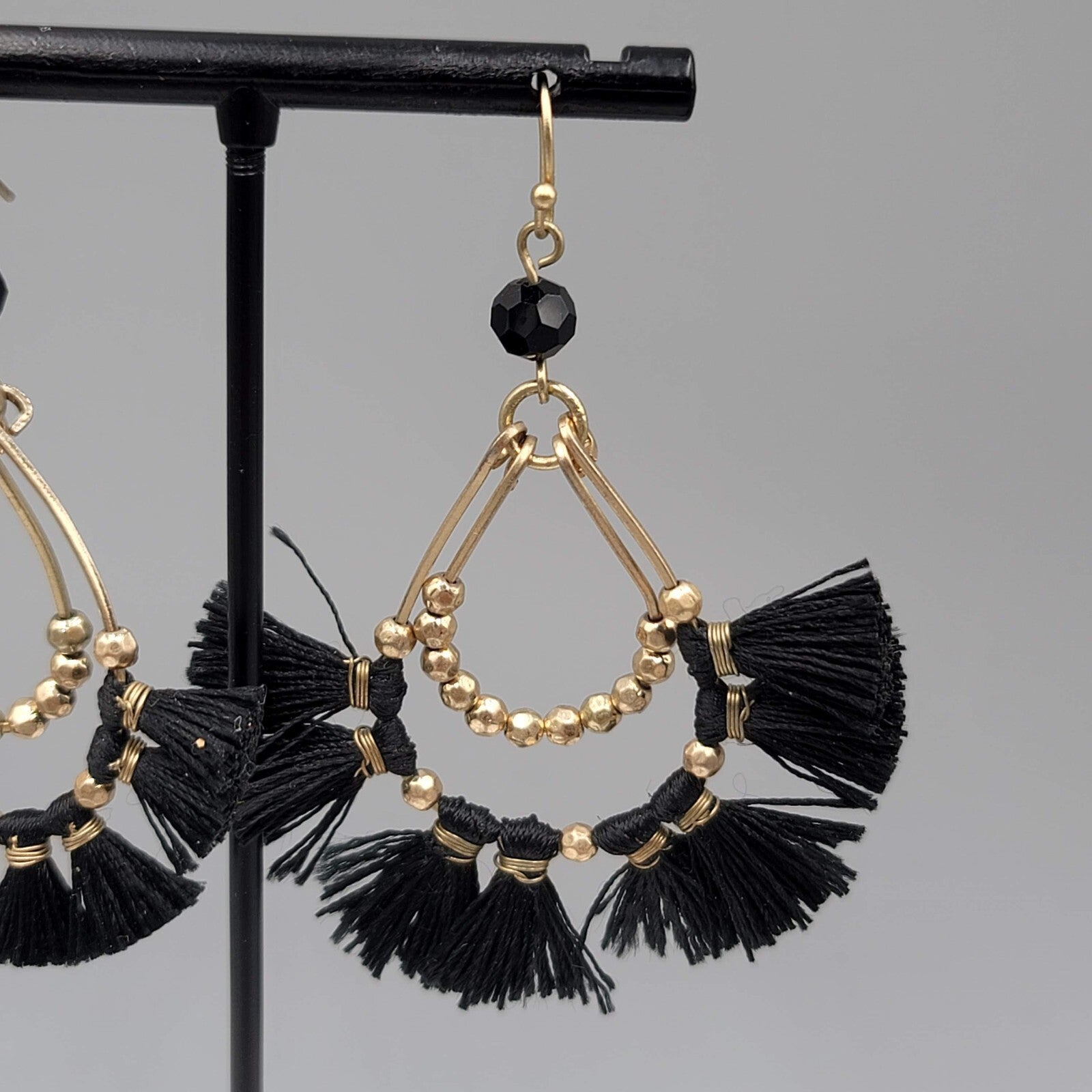 Pierced Earrings Gold tone Black Tassel Teardrop Dangle 2.5"