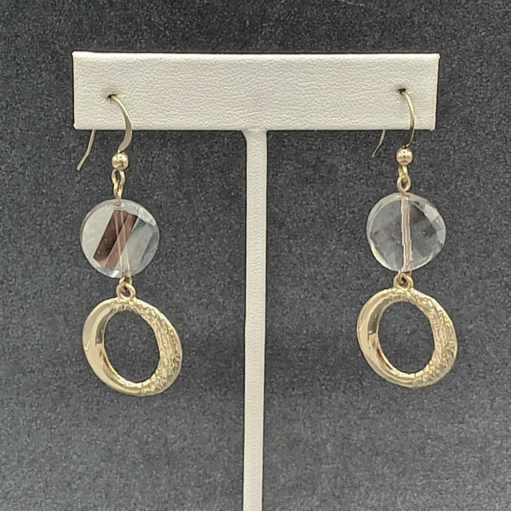 Pierced Earrings Gold tone Glass Bead Open Circle Dangle 1 5/8"