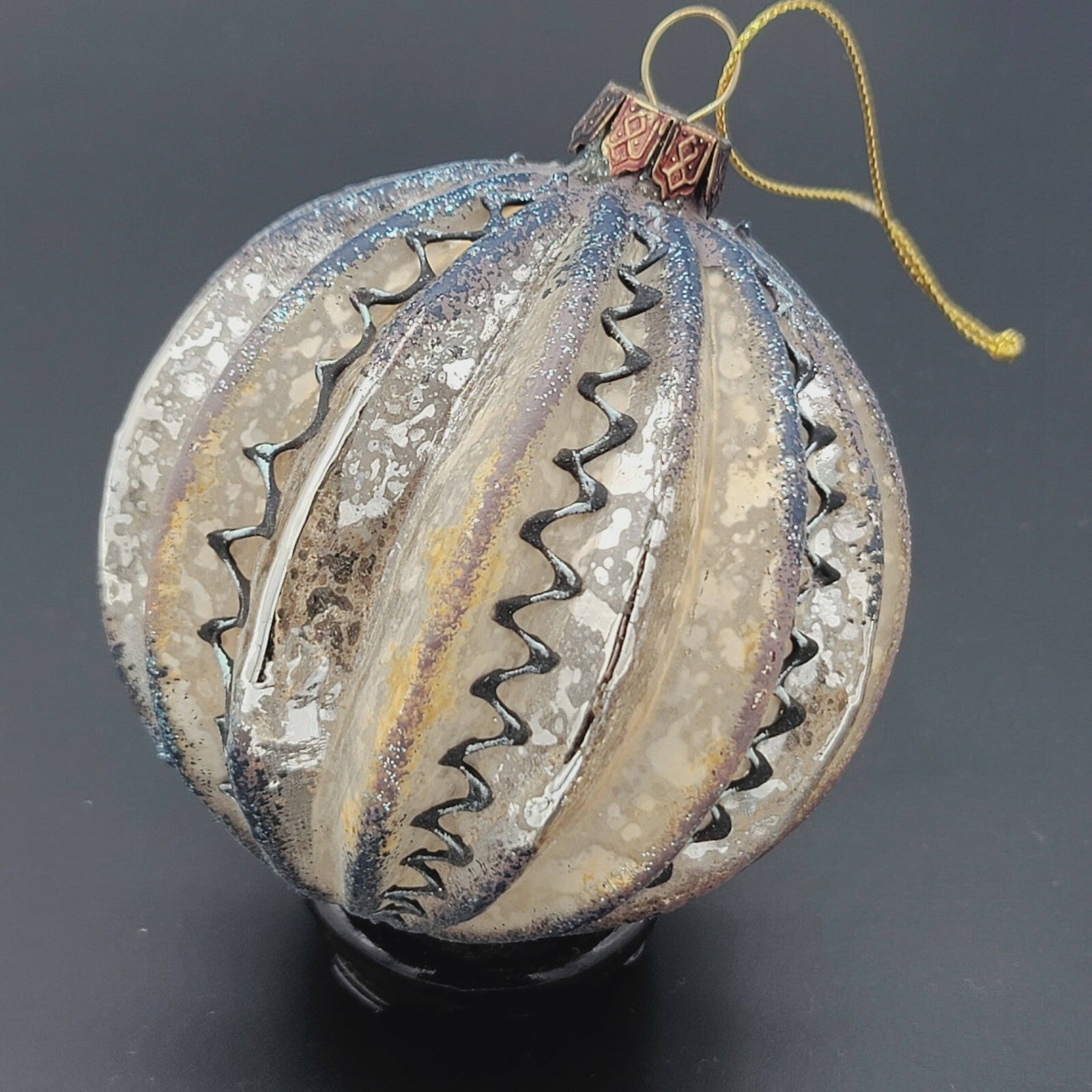 Vintage Blown Glass Silver Hand Painted Ribbed Ball Christmas Ornament 3"