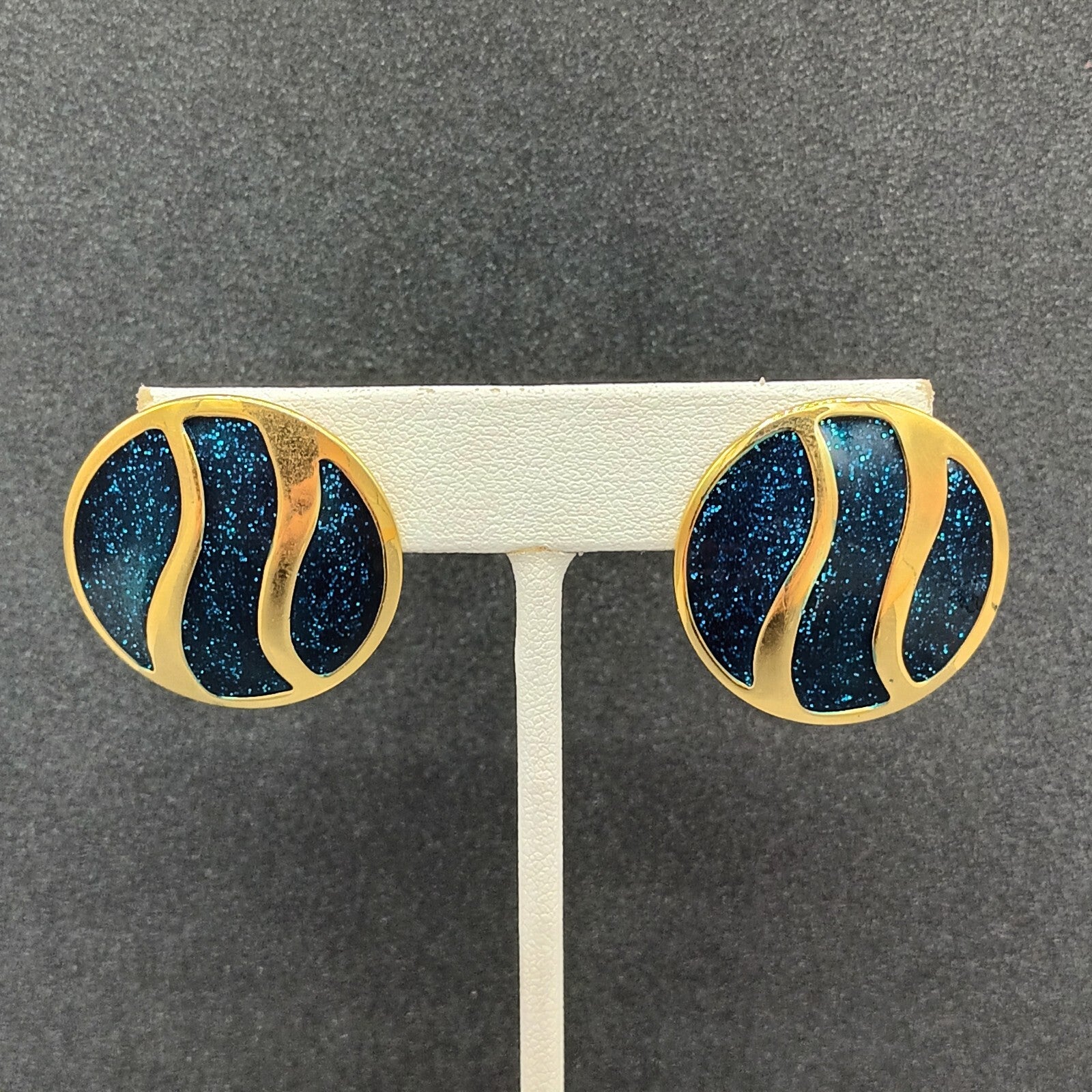 Vintage Pierced Earrings Polished Gold tone Blue Glitter Enamel Drop 1 1/8"