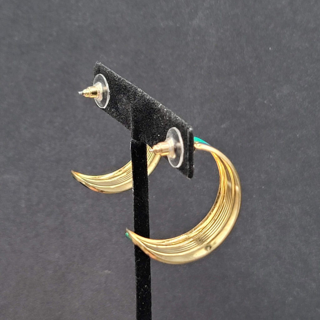 Vintage Pierced Earrings Gold tone Green Black Enamel Hoops 1.25"