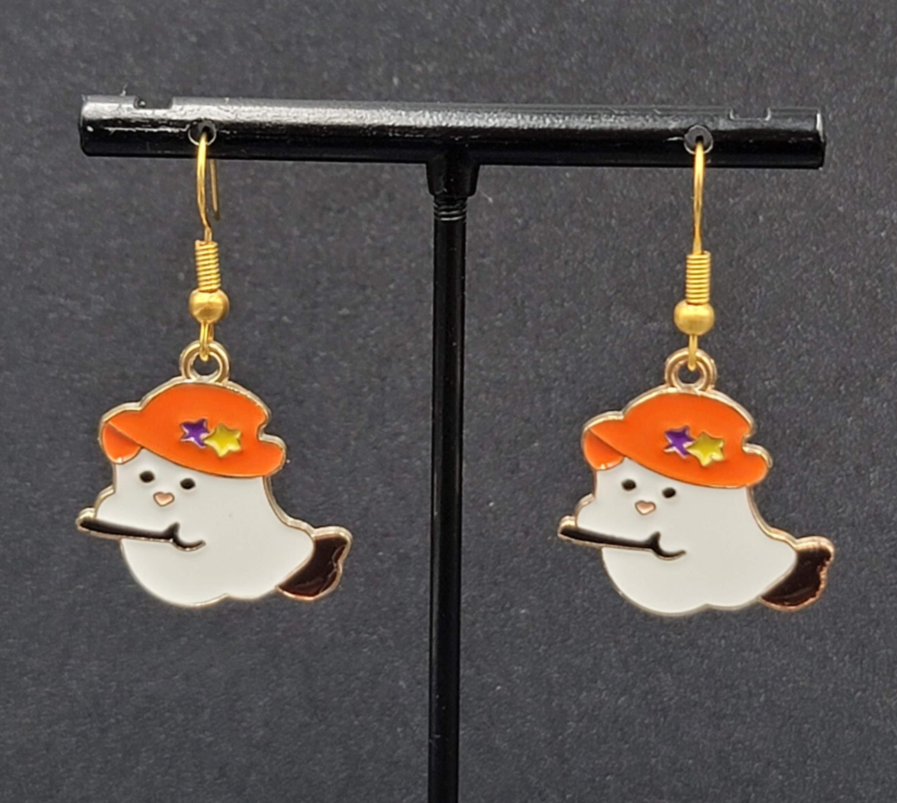 Halloween Witch Ghost Pierced Earrings Gold tone Enamel Dangle New 7/8"