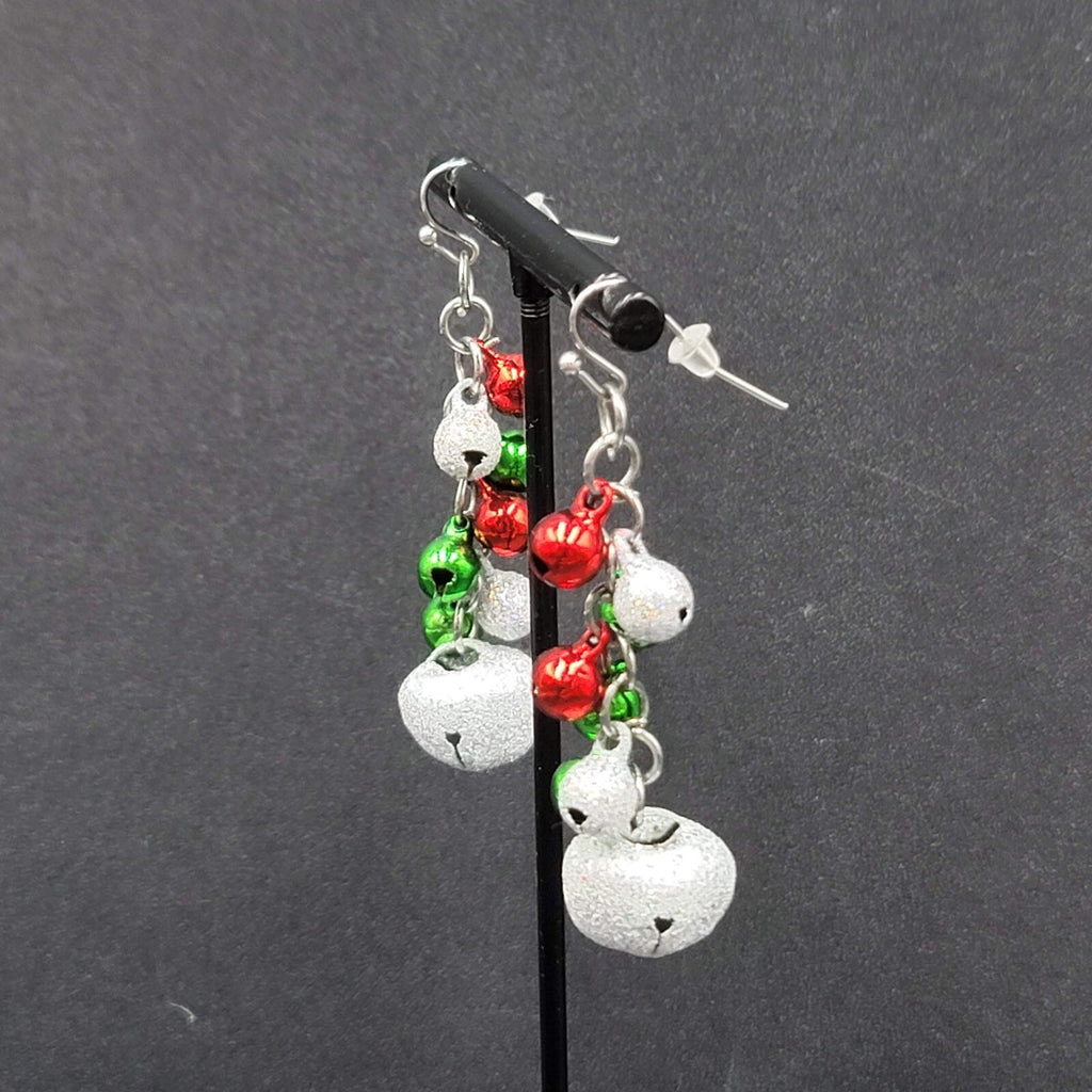 Christmas Pierced Earrings Green Red Silver Glitter Bells Dangle 2"