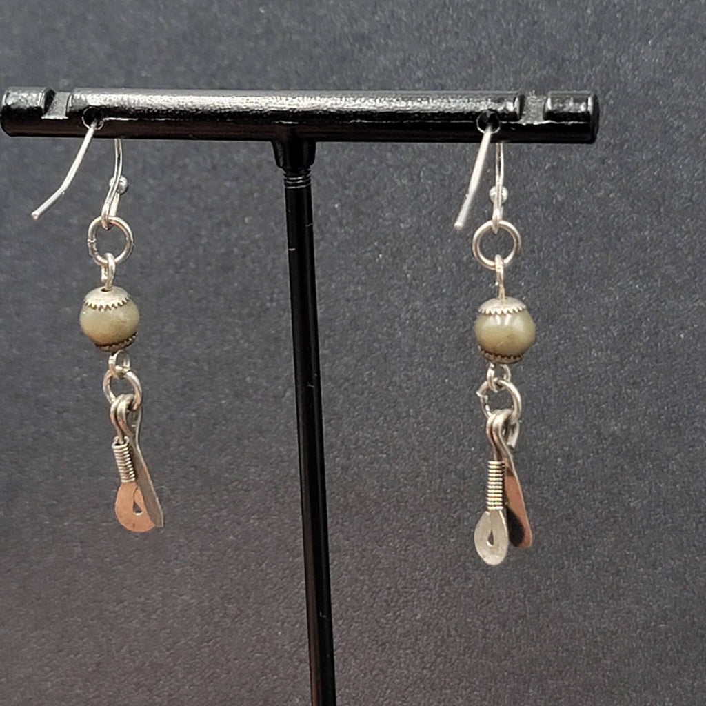 Boho Pierced Earrings Silver tone Artisan Green Bead Dangle 1.25"