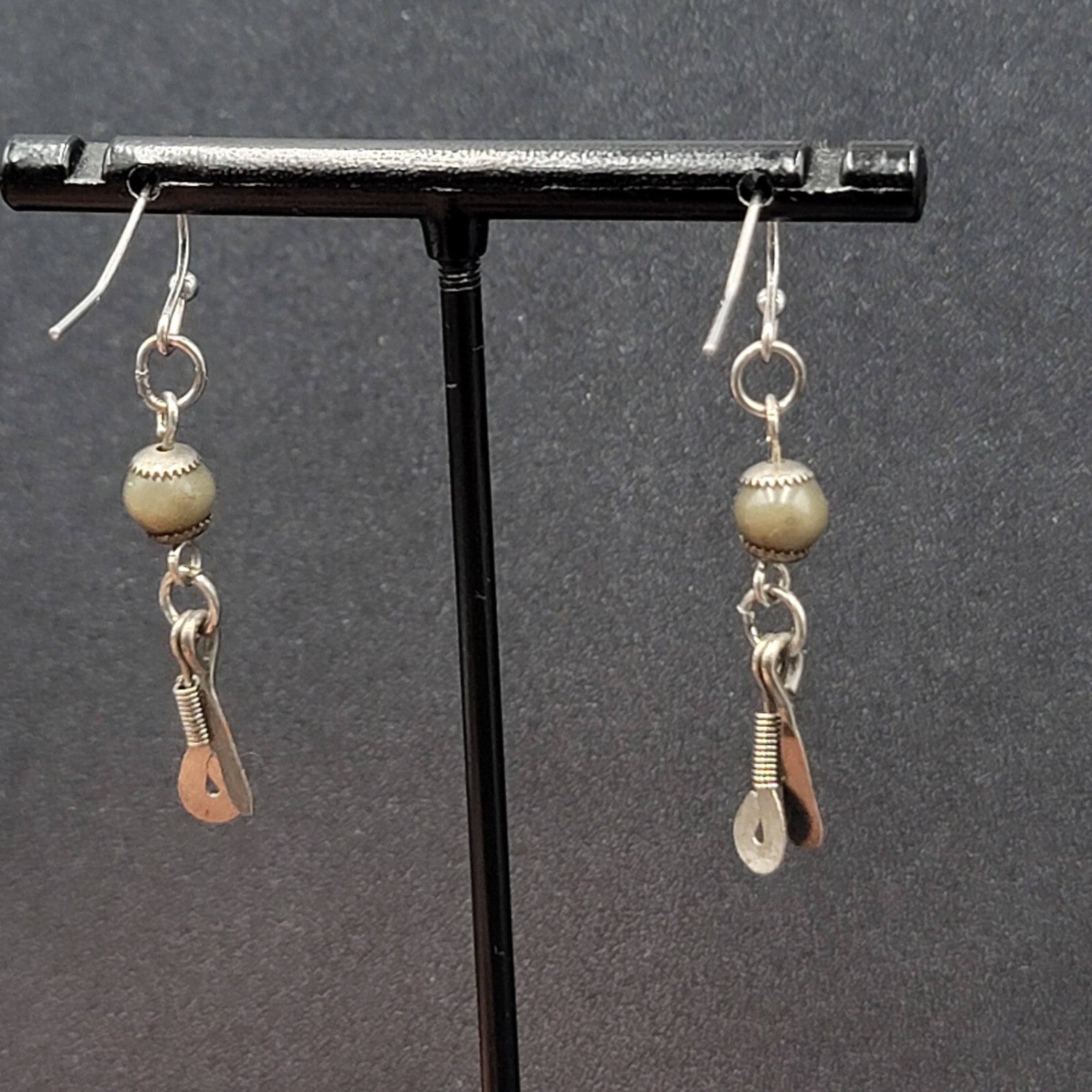 Boho Pierced Earrings Silver tone Artisan Green Bead Dangle 1.25"