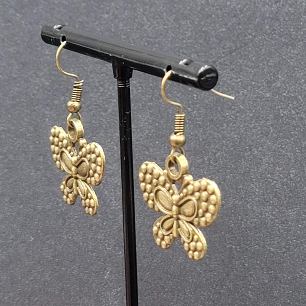 Butterfly Pierced Earrings Dangle Bronze tone Embossed 7/8"