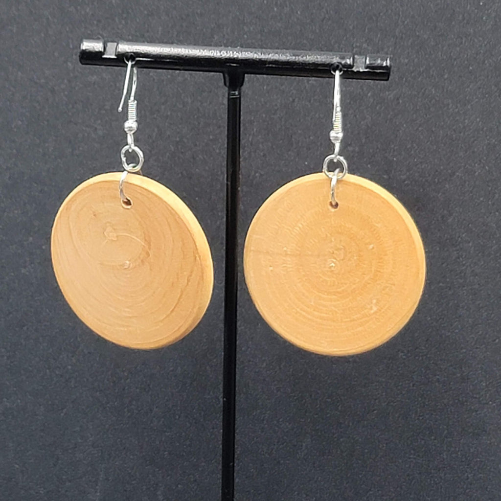 Pierced Earrings Silver tone Real Wood Discs Dangle Boho 1.5"