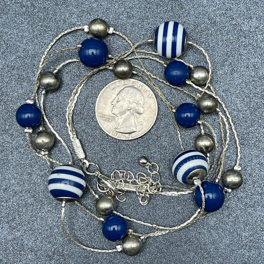 Vintage Silver tone Triple Chain Blue Stripe Bead Station Necklace 15.5" - 17.5"