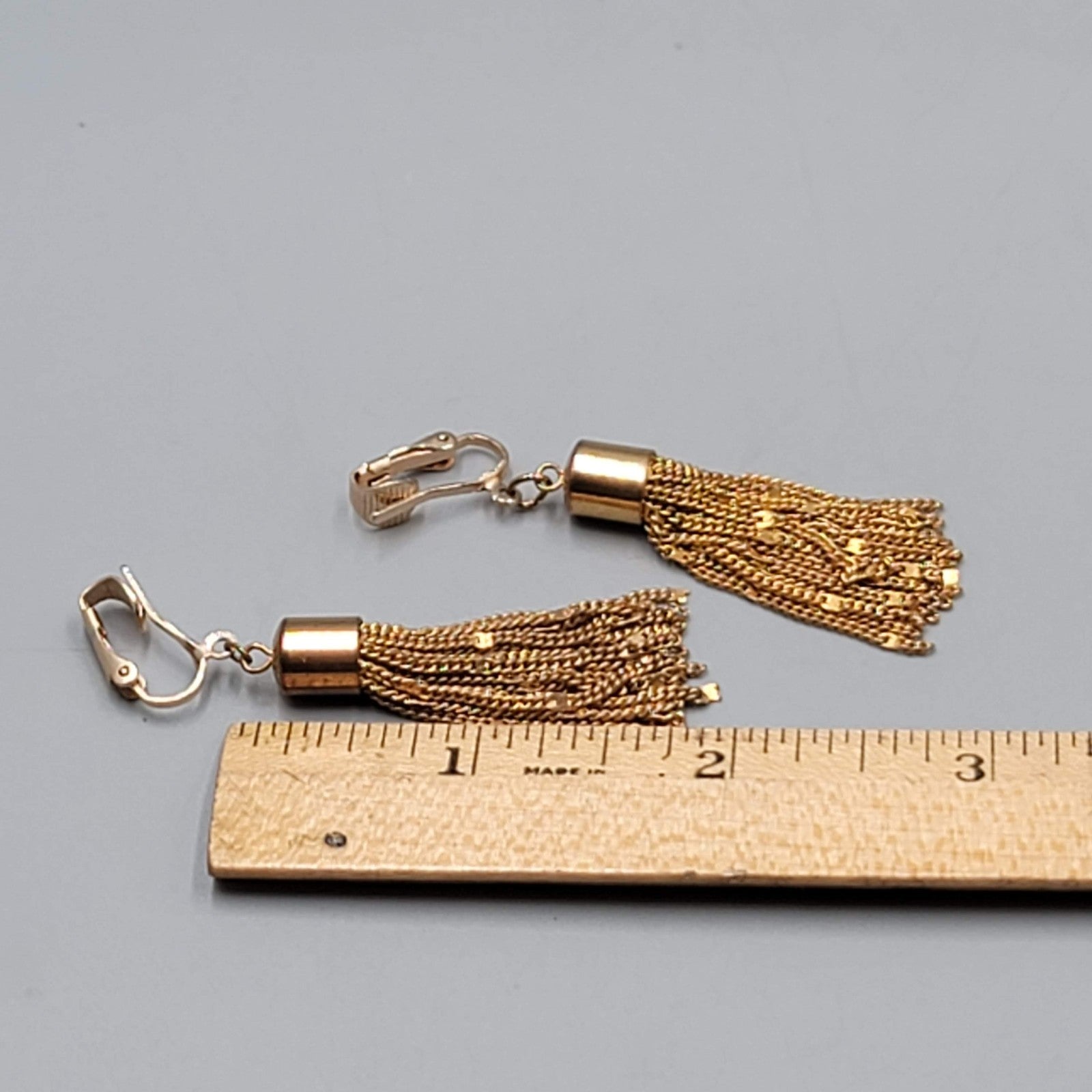 Vintage Dangle Multi Chain Clip on Earrings Gold tone 1.75"