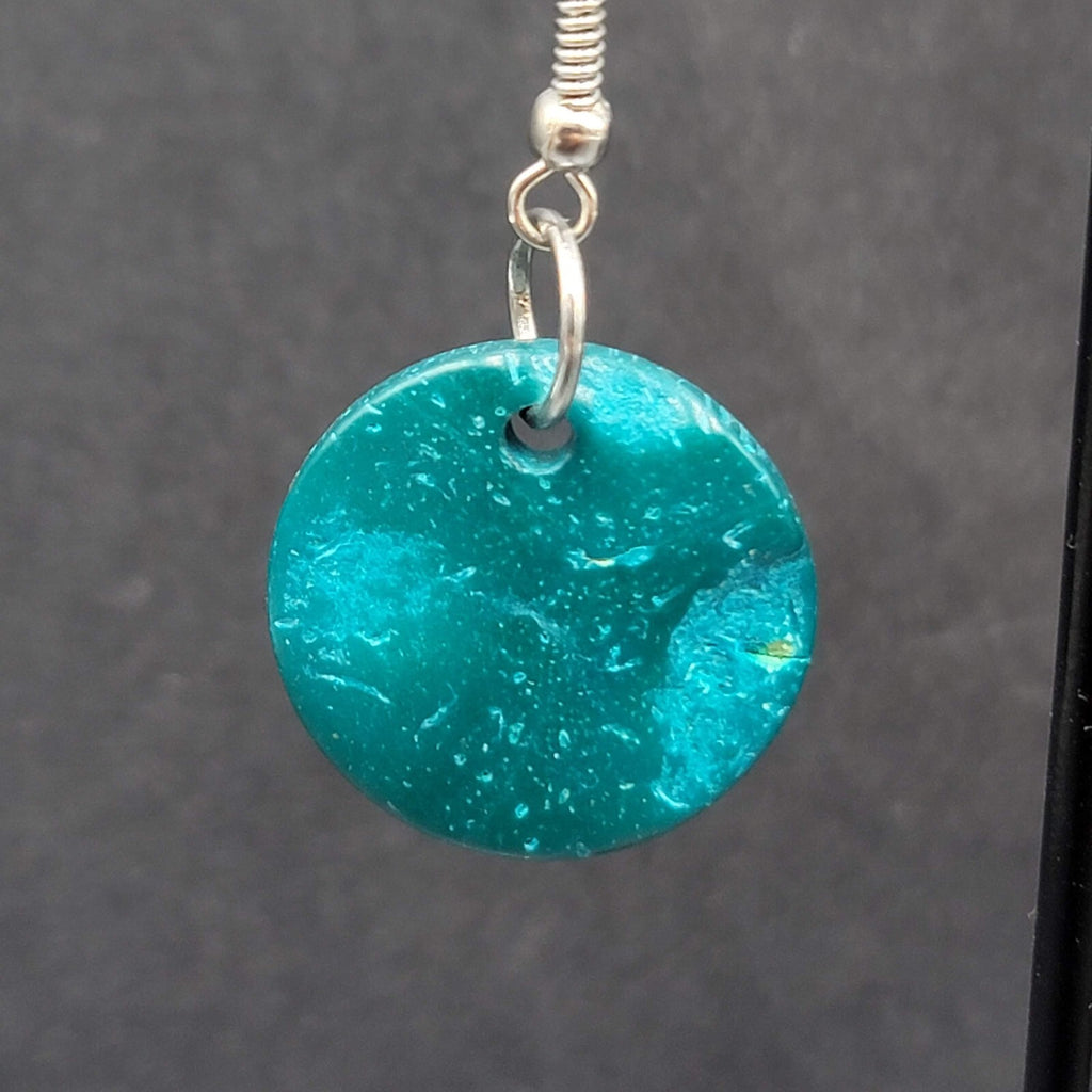Pierced Earrings Teal Blue Coir Coconut Shell Round Dangle 3/4"