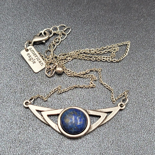 American Eagle AEO Necklace Blue Stone Pendant Chain Silver tone 17"-18.5"