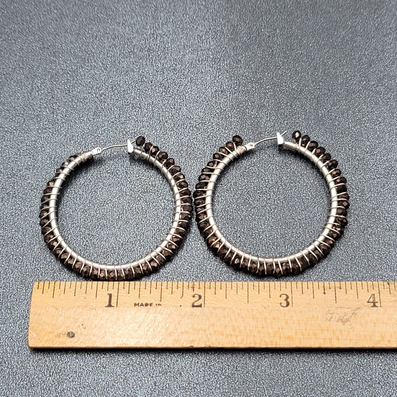 Pierced Earrings Silver tone Brown Glass Beaded Hoops 1.75"