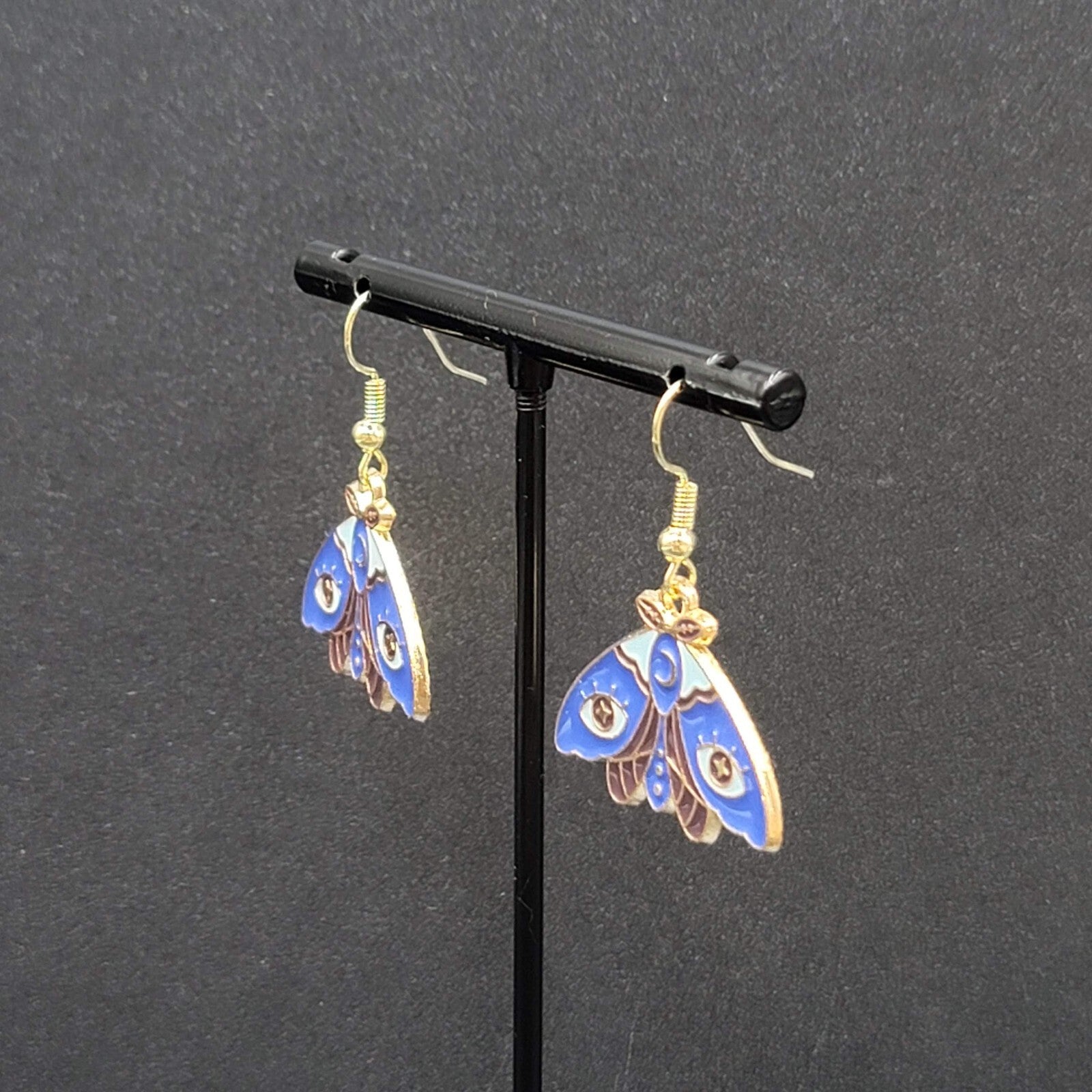 Evil Eye Moth Pierced Earrings Gold tone Blue Enamel Dangle 3/4"