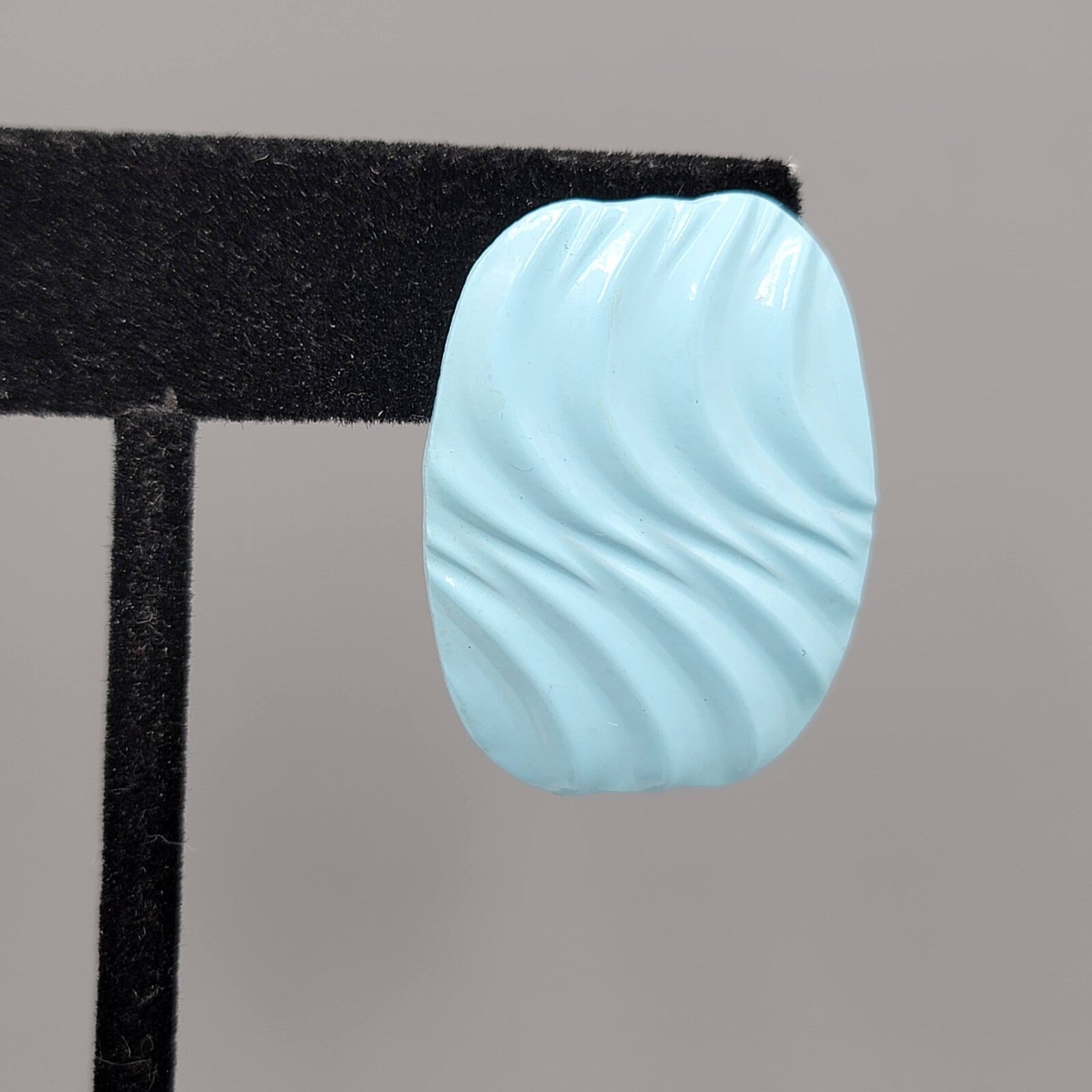 Vintage Pierced Earrings Light Blue Enamel Wavy Rectangle 1.25"