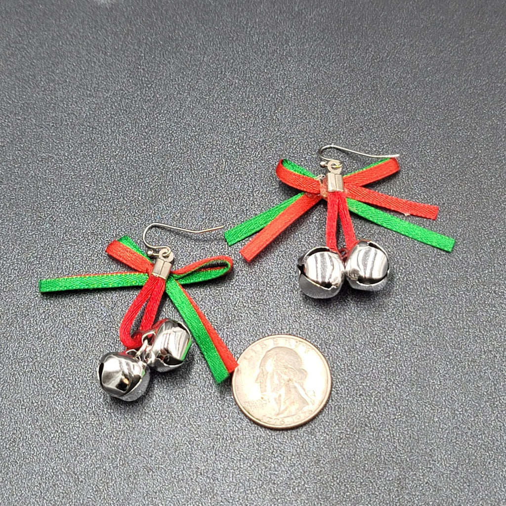 Christmas Holiday Pierced Earrings Ribbon Jingle Bells 1.5"