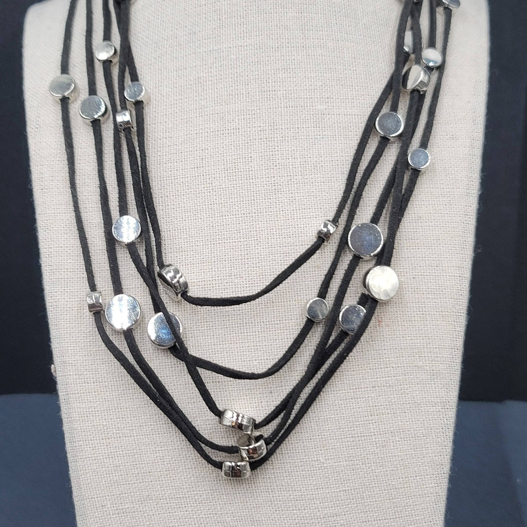 Black Cord Silver Disc Accents Necklace Layered 5 Multi Strand 18"-21"