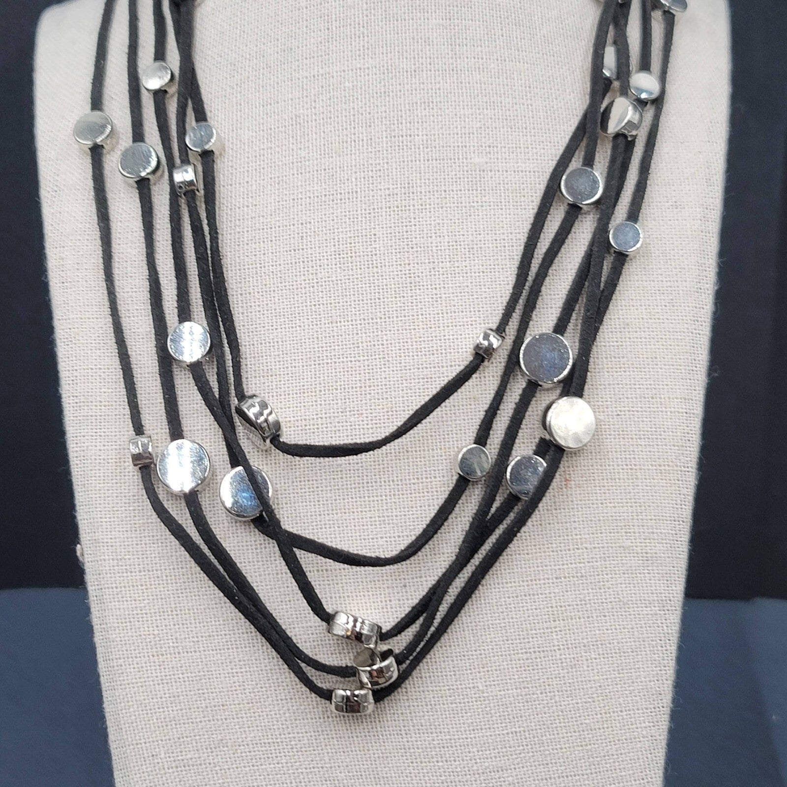 Black Cord Silver Disc Accents Necklace Layered 5 Multi Strand 18"-21"