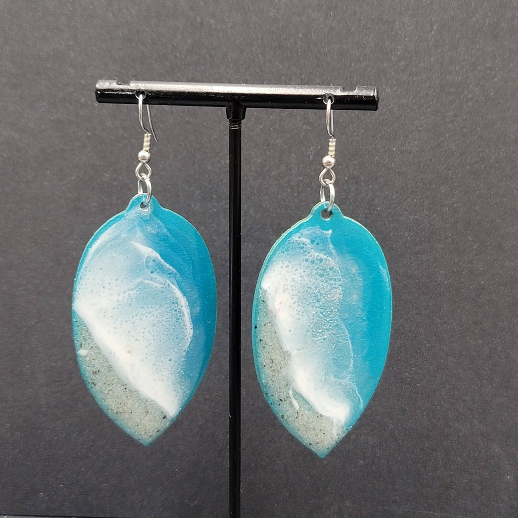 Pierced Earrings Silver tone Resin on Wood Ocean Beach Scene Large Dangle 2.5"