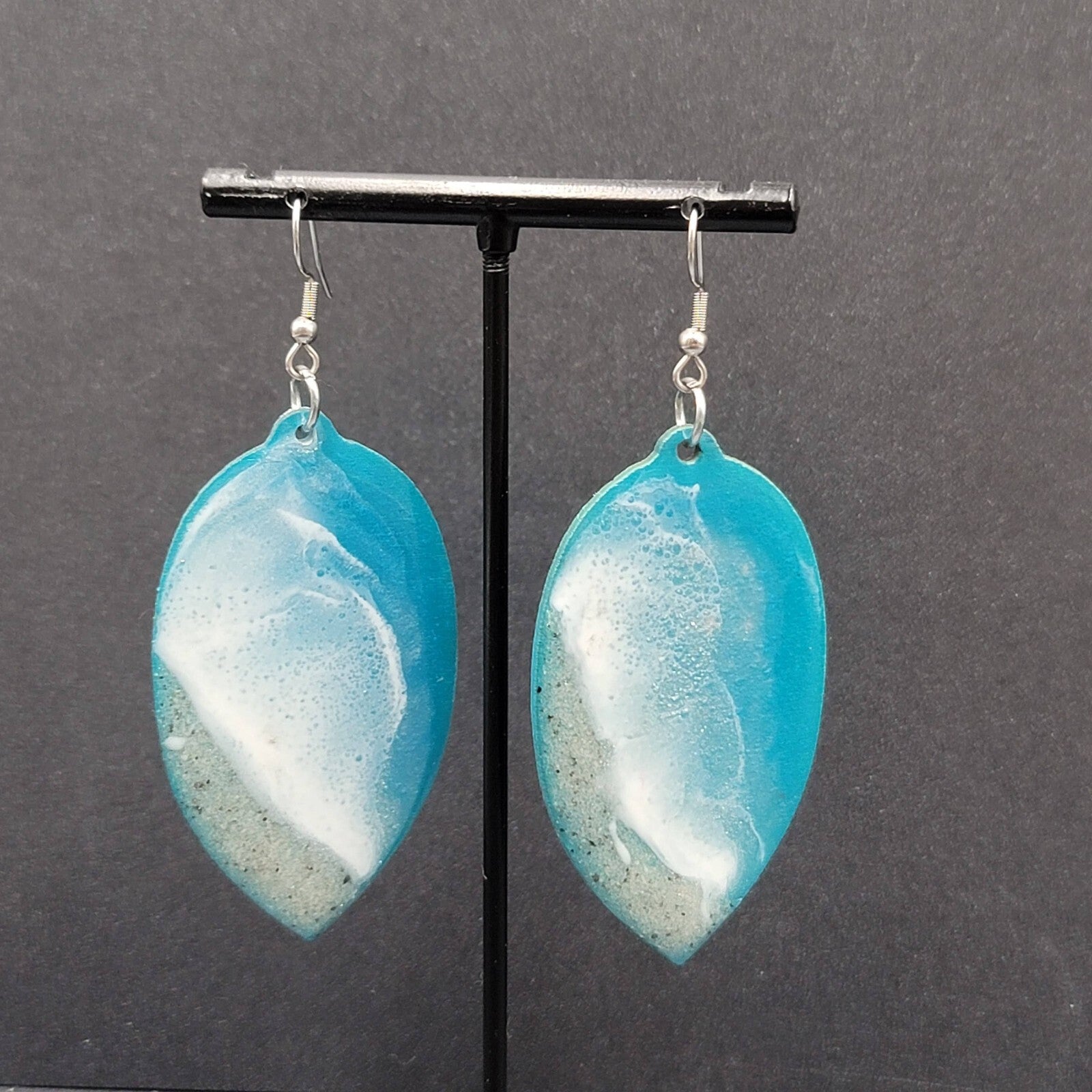 Pierced Earrings Silver tone Resin on Wood Ocean Beach Scene Large Dangle 2.5"