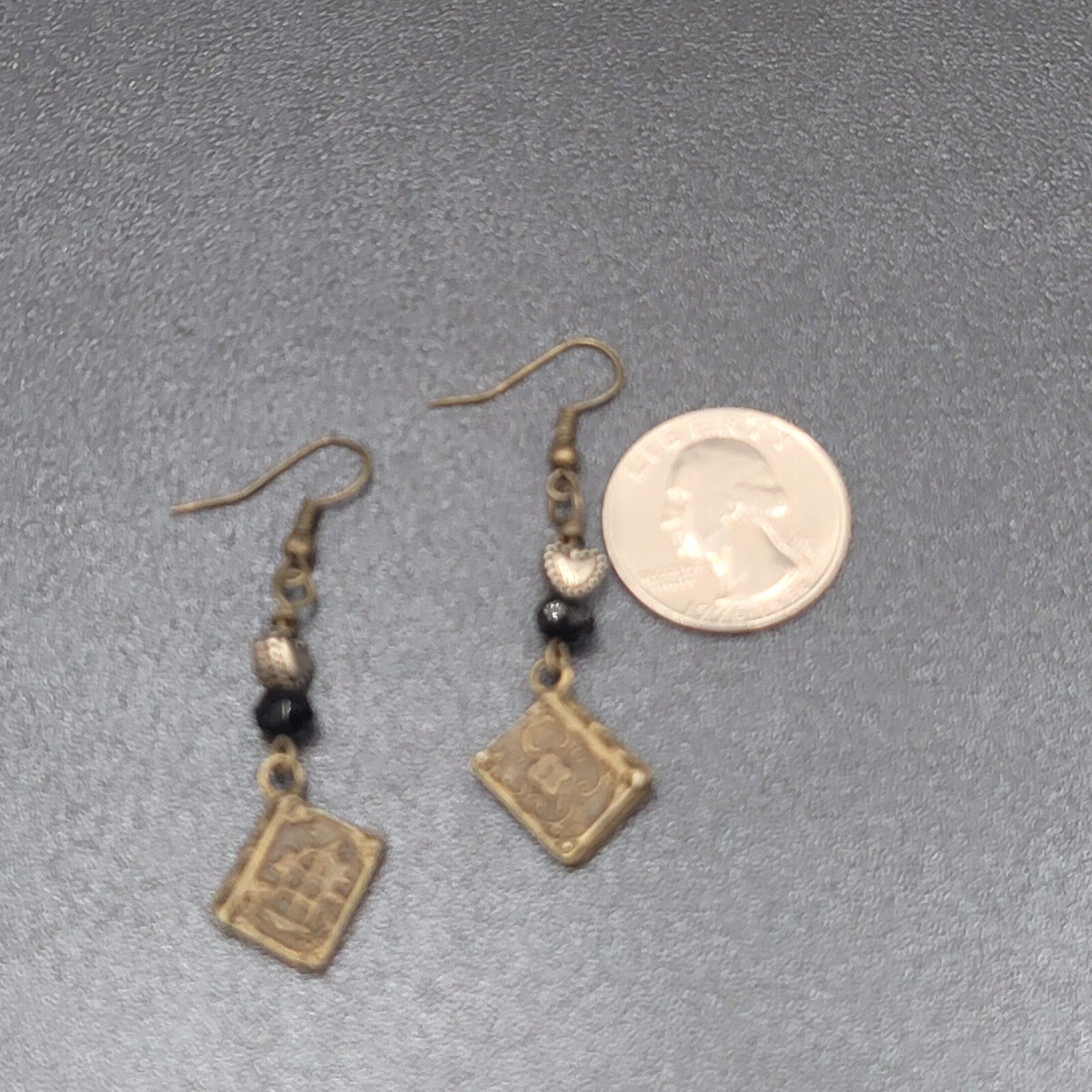 Pierced Earrings Bronze tone Heart Beaded Book Charm Dangle 1 5/8"