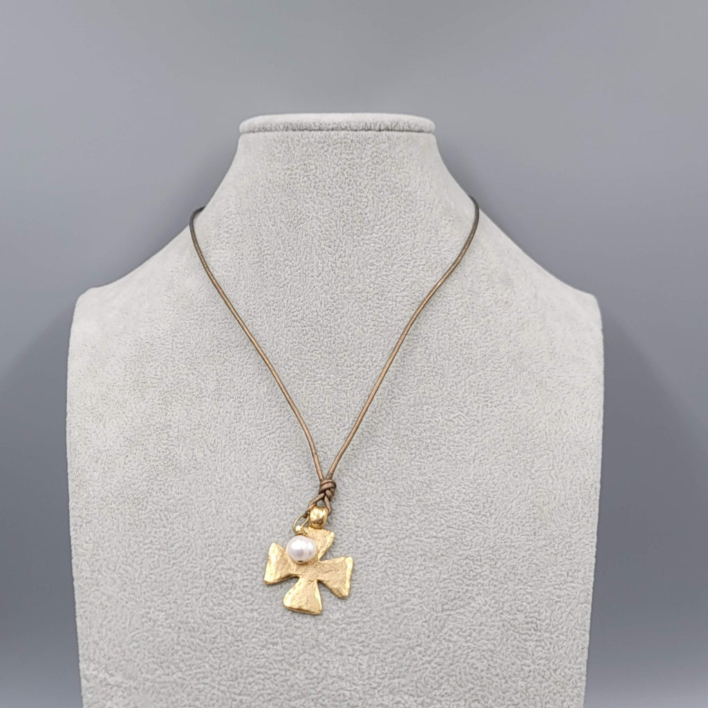 2BB Matte Gold Plated Cross Pendant Necklace Brown Cord 16"