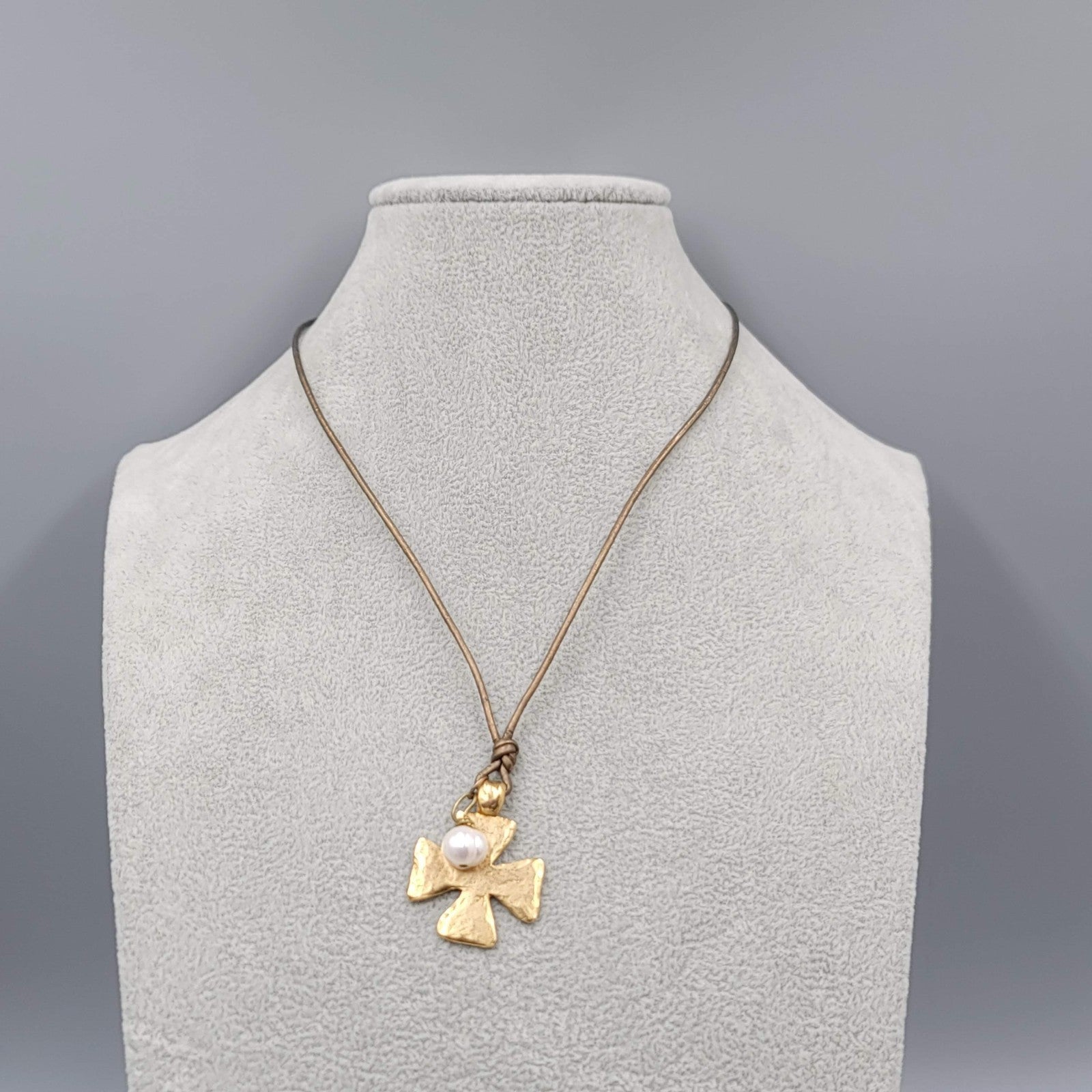 2BB Matte Gold Plated Cross Pendant Necklace Brown Cord 16"
