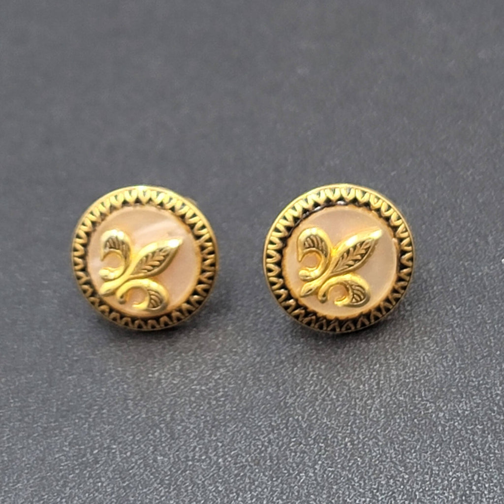 Vintage Clip on Earrings Gold tone Fleur Di Lis Mother of Pearl 5/8" Screw Back