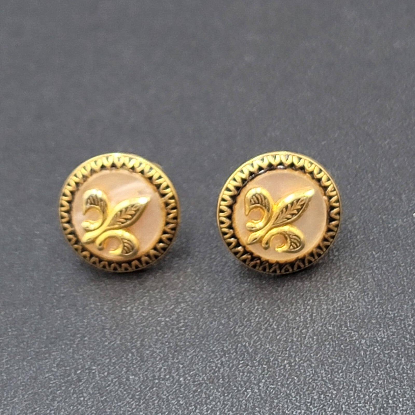 Vintage Clip on Earrings Gold tone Fleur Di Lis Mother of Pearl 5/8" Screw Back