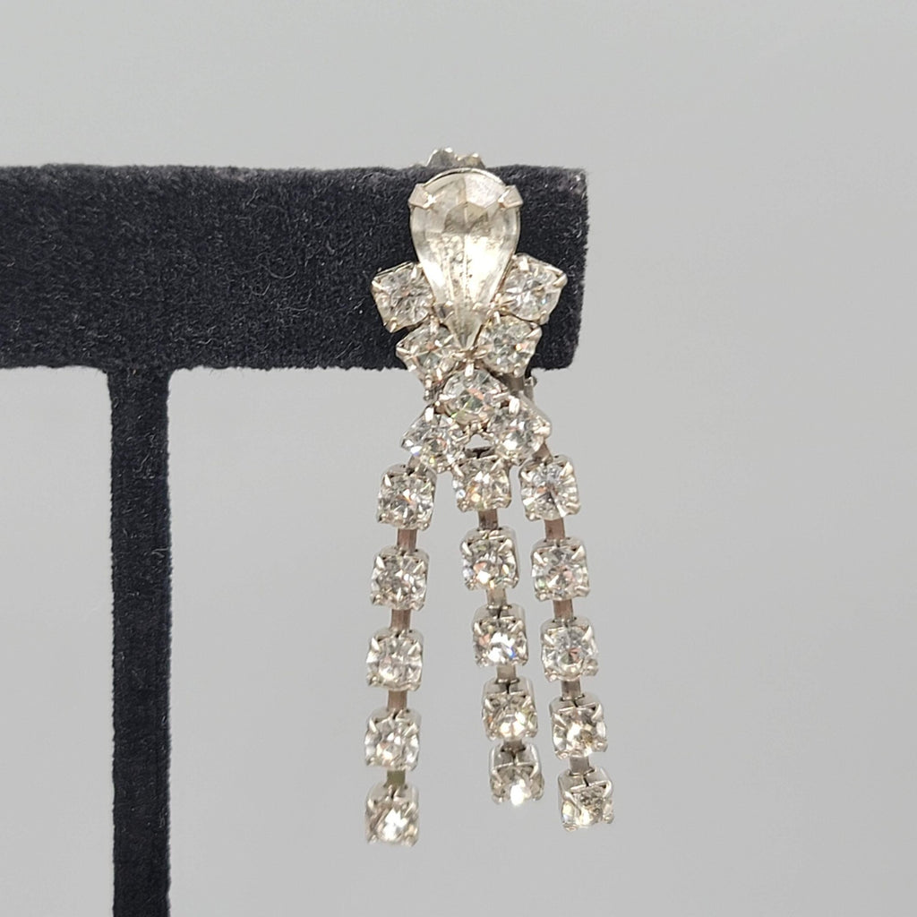 Vintage Long Rhinestone Clip on Earrings Silver tone 2"