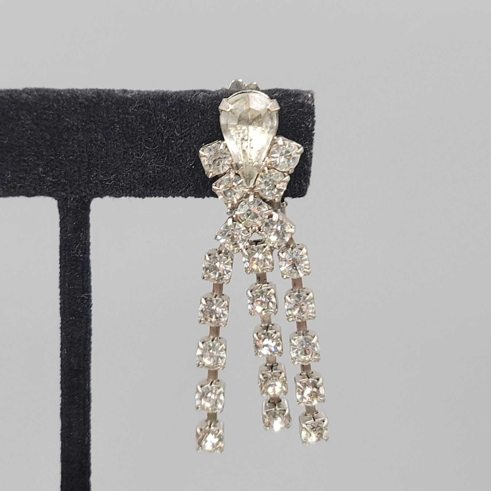 Vintage Long Rhinestone Clip on Earrings Silver tone 2"