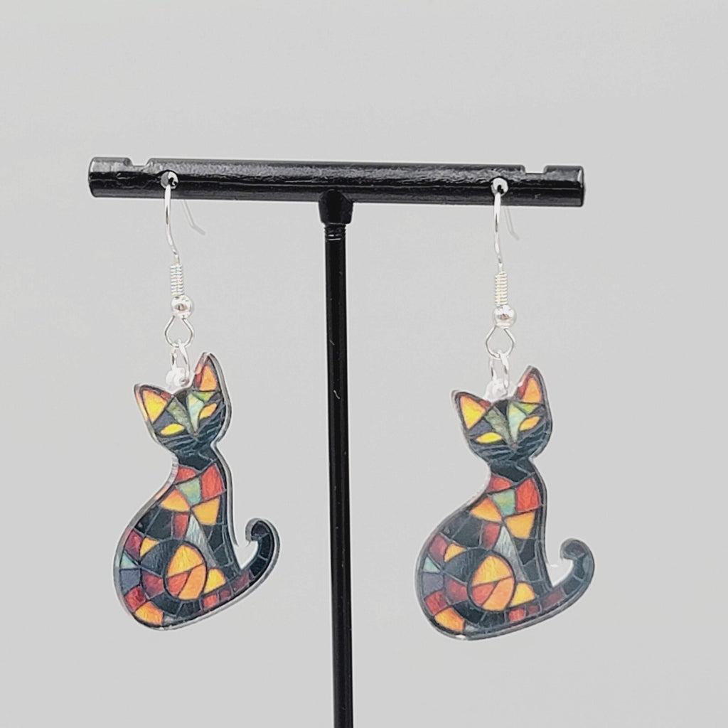 Black Kitty Cat Pierced Earrings Stained Glass Look Acrylic Dangle 1 3/8"