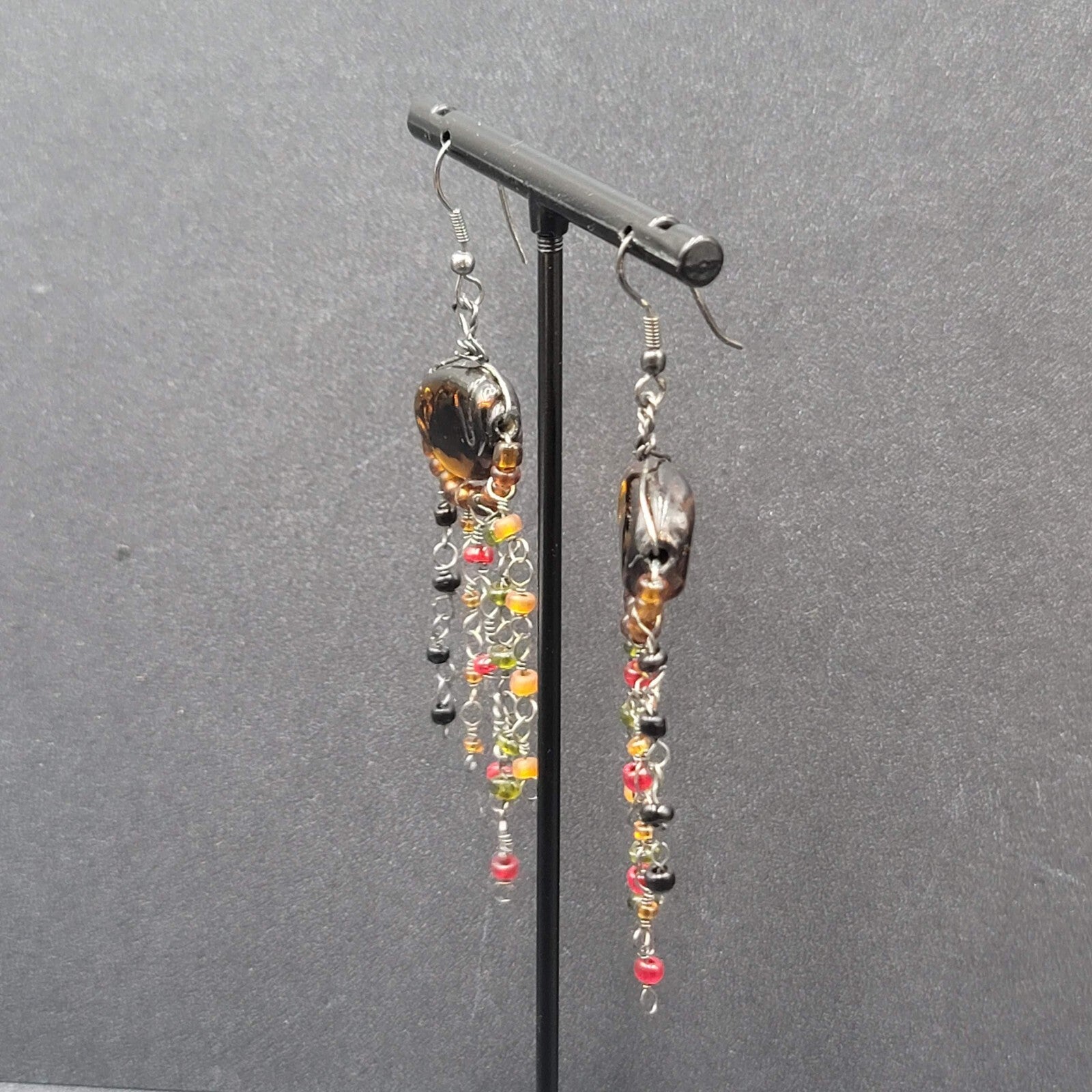 Boho Pierced Earrings Multi color Glass Beads Unusual Dangle Chains 2.75"