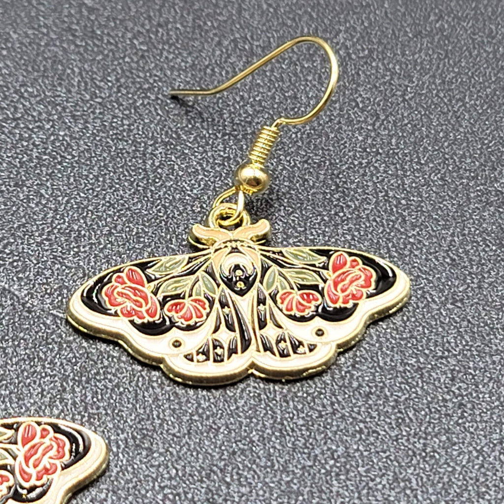 Pierced Earrings Gold tone Enamel Red Rose Moth Dangle 3/4"