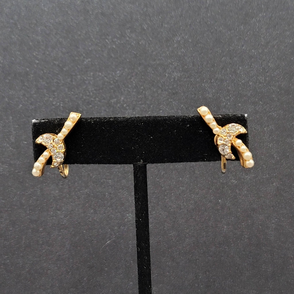 Vintage Clip on Earrings Gold tone Rhinestone Drop 7/8"