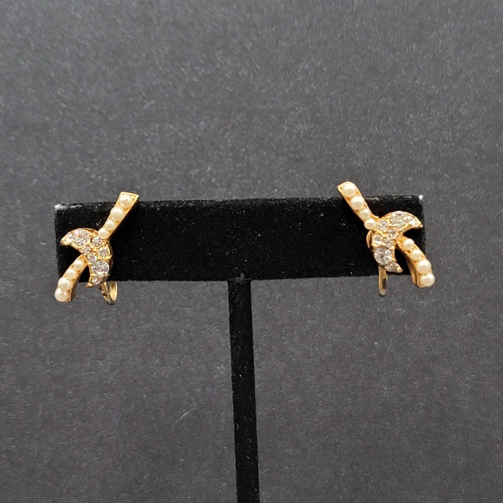 Vintage Clip on Earrings Gold tone Rhinestone Drop 7/8"