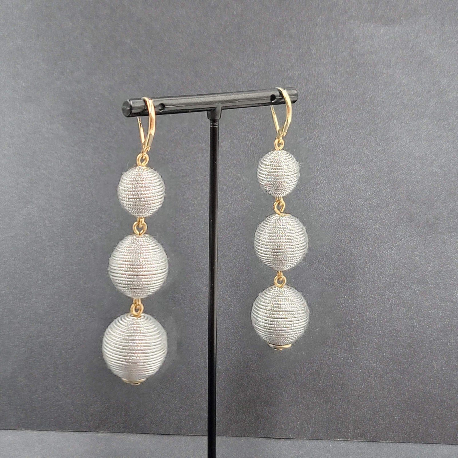 Pierced Earrings Silver tone Cord Covered Spheres Gold tone Leverback 2.5"